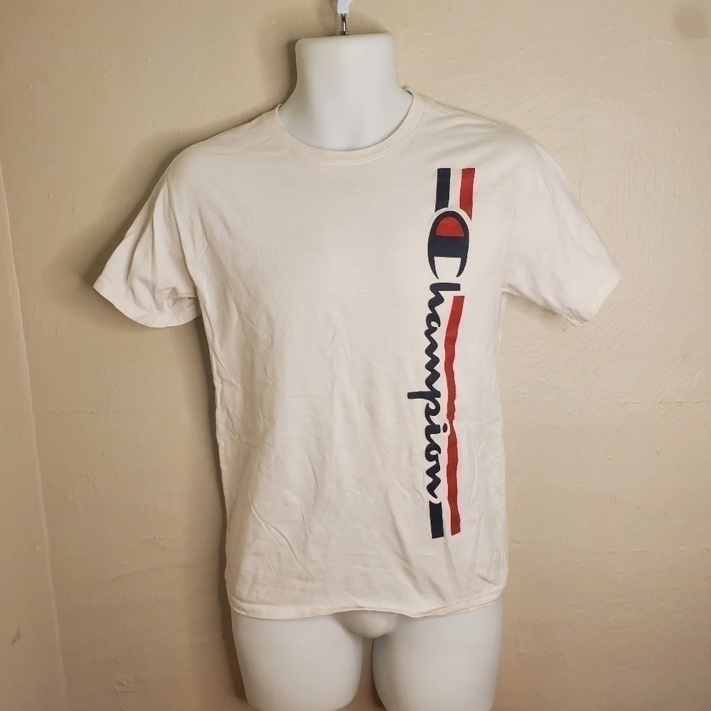 Champion Vertical Logo Short Sleeve T-Shirt White/Blue/Red Men's Small - Picture 7 of 8